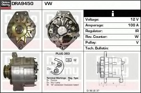 DELCO REMY DRA9450 Генератор для VOLKSWAGEN T4 MULTIVAN (Фольксваген Т4 мултиvан) DELCO REMY DRA9450 Генератор для VOLKSWAGEN T4 MULTIVAN (Фольксваген Т4 мултиvан)