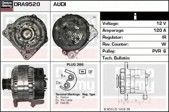DELCO REMY DRA9520 Генератор для AUDI 90 (Ауди 90) DELCO REMY DRA9520 Генератор для AUDI 90 (Ауди 90)