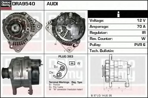 DELCO REMY DRA9540 Генератор для AUDI 90 (Ауди 90) DELCO REMY DRA9540 Генератор для AUDI 90 (Ауди 90)