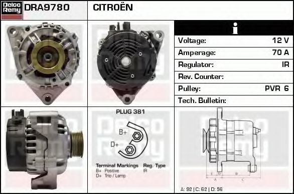 DELCO REMY DRA9780 Генератор для CITROËN XSARA (CитроËн Ксара) DELCO REMY DRA9780 Генератор для CITROËN XSARA (CитроËн Ксара)