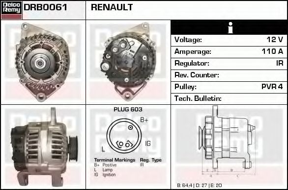 DELCO REMY DRB0061 Генератор для RENAULT ESPACE III (Рено Эспейс 3) DELCO REMY DRB0061 Генератор для RENAULT ESPACE III (Рено Эспейс 3)