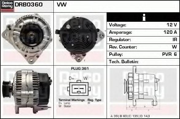DELCO REMY DRB0360 Генератор для VOLKSWAGEN T4 MULTIVAN (Фольксваген Т4 мултиvан) DELCO REMY DRB0360 Генератор для VOLKSWAGEN T4 MULTIVAN (Фольксваген Т4 мултиvан)