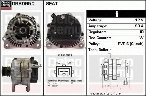 DELCO REMY DRB0950 Генератор для SEAT CORDOBA (Сеат Кордоба) DELCO REMY DRB0950 Генератор для SEAT CORDOBA (Сеат Кордоба)