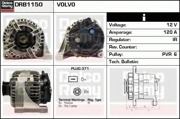 DELCO REMY DRB1150 Генератор для VOLVO S60 I (Вольво S60 1) DELCO REMY DRB1150 Генератор для VOLVO S60 I (Вольво S60 1)