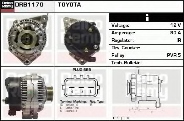 DELCO REMY DRB1170 Генератор для TOYOTA AVENSIS (Тойота/тоета Авенсис) DELCO REMY DRB1170 Генератор для TOYOTA AVENSIS (Тойота/тоета Авенсис)