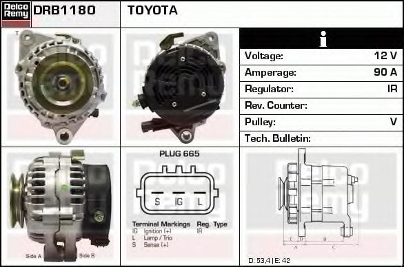 DELCO REMY DRB1180 Генератор для TOYOTA AVENSIS (Тойота/тоета Авенсис) DELCO REMY DRB1180 Генератор для TOYOTA AVENSIS (Тойота/тоета Авенсис)