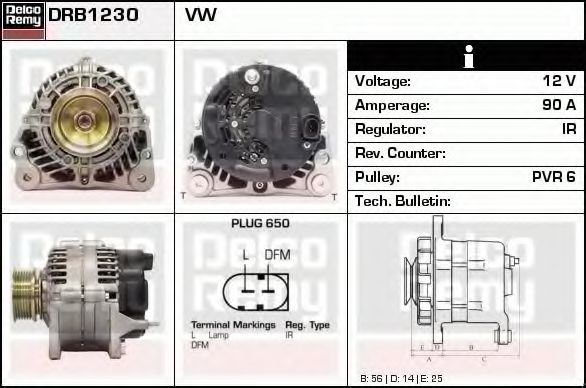 DELCO REMY DRB1230 Генератор для VOLKSWAGEN T4 CARAVELLE (Фольксваген Т4 cараvэллэ) DELCO REMY DRB1230 Генератор для VOLKSWAGEN T4 CARAVELLE (Фольксваген Т4 cараvэллэ)