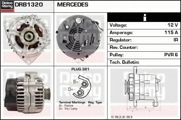 DELCO REMY DRB1320 Генератор для MERCEDES-BENZ SPRINTER 3-T (Мэрcэдэс-бэнз Спринтэр 3-т) DELCO REMY DRB1320 Генератор для MERCEDES-BENZ SPRINTER 3-T (Мэрcэдэс-бэнз Спринтэр 3-т)