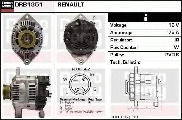 DELCO REMY DRB1351 Генератор для RENAULT ESPACE III (Рено Эспейс 3) DELCO REMY DRB1351 Генератор для RENAULT ESPACE III (Рено Эспейс 3)