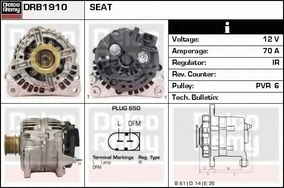 DELCO REMY DRB1910 Генератор для VOLKSWAGEN LUPO (Фольксваген Лупо) DELCO REMY DRB1910 Генератор для VOLKSWAGEN LUPO (Фольксваген Лупо)