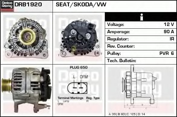 DELCO REMY DRB1920 Генератор для VOLKSWAGEN LUPO (Фольксваген Лупо) DELCO REMY DRB1920 Генератор для VOLKSWAGEN LUPO (Фольксваген Лупо)