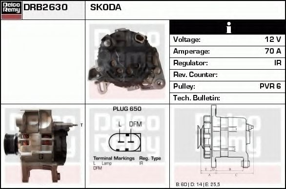 DELCO REMY DRB2630 Генератор для SKODA FABIA (Шкода Фабиа) DELCO REMY DRB2630 Генератор для SKODA FABIA (Шкода Фабиа)