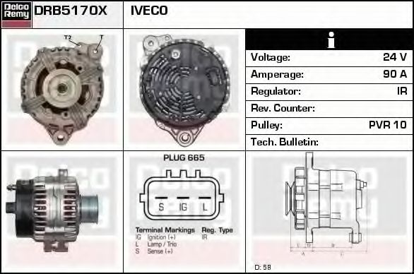DELCO REMY DRB5170X Генератор для IVECO (Ивеко) DELCO REMY DRB5170X Генератор для IVECO (Ивеко)