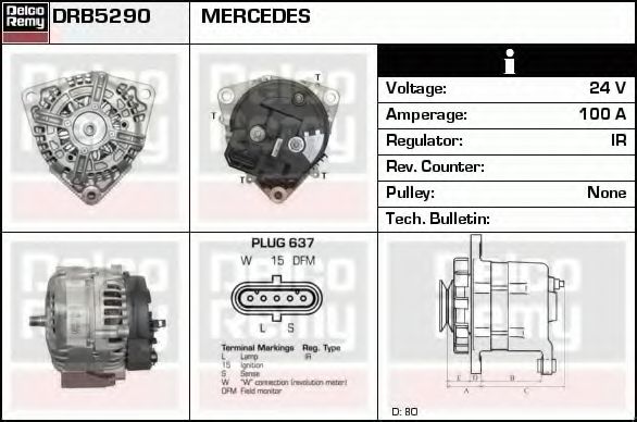 DELCO REMY DRB5290 Генератор для MERCEDES-BENZ ATEGO 2 (Мэрcэдэс-бэнз Атэго 2) DELCO REMY DRB5290 Генератор для MERCEDES-BENZ ATEGO 2 (Мэрcэдэс-бэнз Атэго 2)