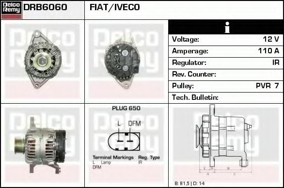 DELCO REMY DRB6060 Генератор для IVECO DAILY IV (Ивеко Даилъ иv) DELCO REMY DRB6060 Генератор для IVECO DAILY IV (Ивеко Даилъ иv)