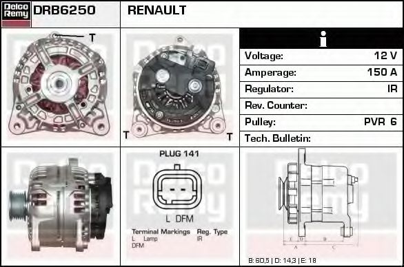DELCO REMY DRB6250 Генератор для RENAULT VEL SATIS (Рено Вел сатис) DELCO REMY DRB6250 Генератор для RENAULT VEL SATIS (Рено Вел сатис)