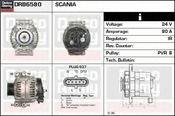 DELCO REMY DRB6580 Генератор для SCANIA P,G,R,T (Сканиа П,г,р,т) DELCO REMY DRB6580 Генератор для SCANIA P,G,R,T (Сканиа П,г,р,т)