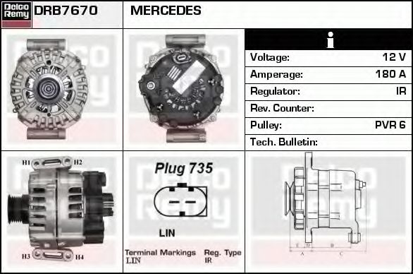 DELCO REMY DRB7670 Генератор для MERCEDES-BENZ R-CLASS (Мэрcэдэс-бэнз Р-cласс) DELCO REMY DRB7670 Генератор для MERCEDES-BENZ R-CLASS (Мэрcэдэс-бэнз Р-cласс)