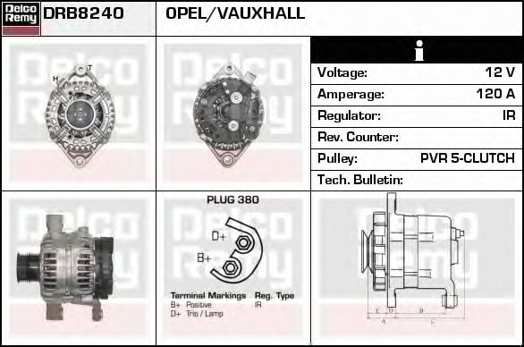 DELCO REMY DRB8240 Генератор для OPEL ASTRA H GTC (Опель Астра н гтс) DELCO REMY DRB8240 Генератор для OPEL ASTRA H GTC (Опель Астра н гтс)