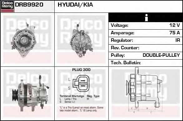 DELCO REMY DRB9920 Генератор для HYUNDAI H 200 (Хендай Х 200) DELCO REMY DRB9920 Генератор для HYUNDAI H 200 (Хендай Х 200)