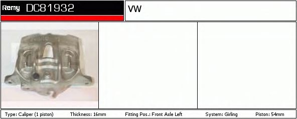 DELCO REMY DC81932 Тормозной суппорт для VOLKSWAGEN (Фольксваген) DELCO REMY DC81932 Тормозной суппорт для VOLKSWAGEN (Фольксваген)