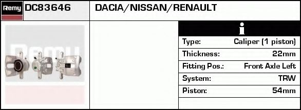 DELCO REMY DC83646 Тормозной суппорт для DACIA DOKKER (Дача Доккэр) DELCO REMY DC83646 Тормозной суппорт для DACIA DOKKER (Дача Доккэр)