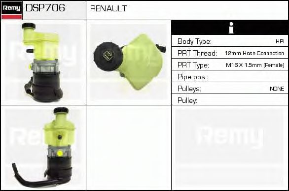 DELCO REMY DSP706 Гидравлический насос, рулевое управление для RENAULT KANGOO RAPID (Рено Кангу рапид) DELCO REMY DSP706 Гидравлический насос, рулевое управление для RENAULT KANGOO RAPID (Рено Кангу рапид)