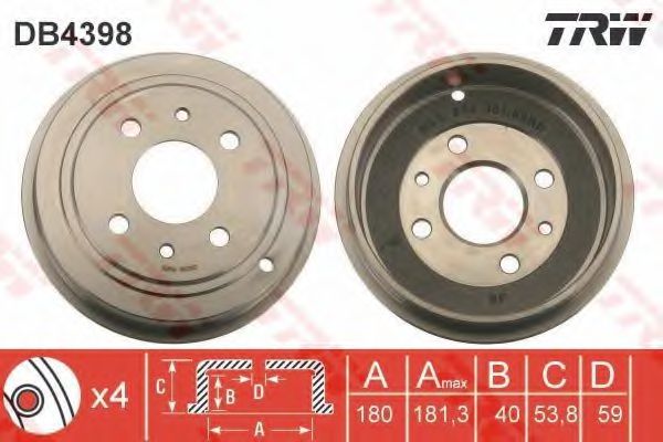 TRW DB4398 Тормозной барабан для FIAT 500 C (Фиат 500 c) TRW DB4398 Тормозной барабан для FIAT 500 C (Фиат 500 c)