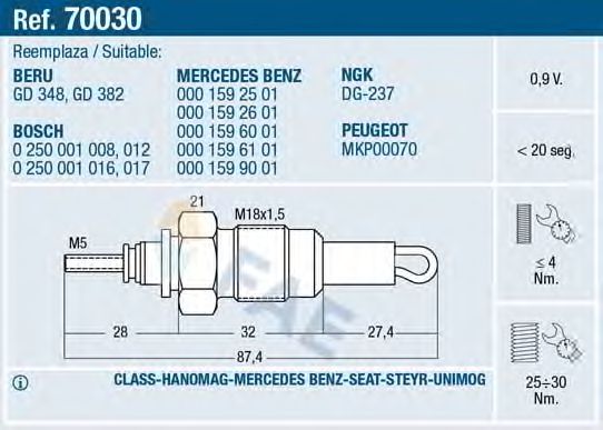 FAE 70030 Свеча накаливания для MERCEDESBENZ (Мерседес бенц) FAE 70030 Свеча накаливания для MERCEDESBENZ (Мерседес бенц)