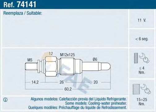 FAE 74141 Свеча накаливания; Свеча накала, электр. обогрев для VOLKSWAGEN JETTA (Фольксваген Жэтта) FAE 74141 Свеча накаливания; Свеча накала, электр. обогрев для VOLKSWAGEN JETTA (Фольксваген Жэтта)