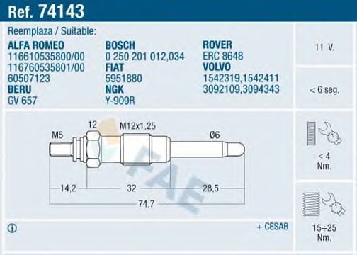 FAE 74143 Свеча накаливания для ROVER 2000-3500 (Ровер 2000-3500) FAE 74143 Свеча накаливания для ROVER 2000-3500 (Ровер 2000-3500)