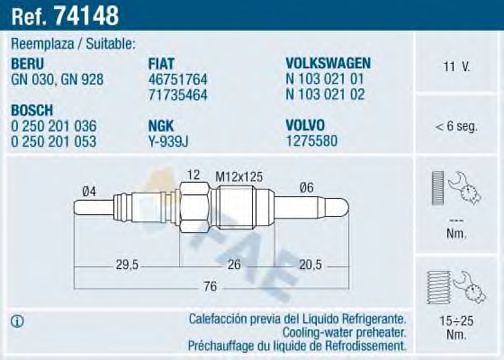 FAE 74148 Свеча накаливания; Свеча накала, электр. обогрев для SEAT LEON (Сеат Леон) FAE 74148 Свеча накаливания; Свеча накала, электр. обогрев для SEAT LEON (Сеат Леон)
