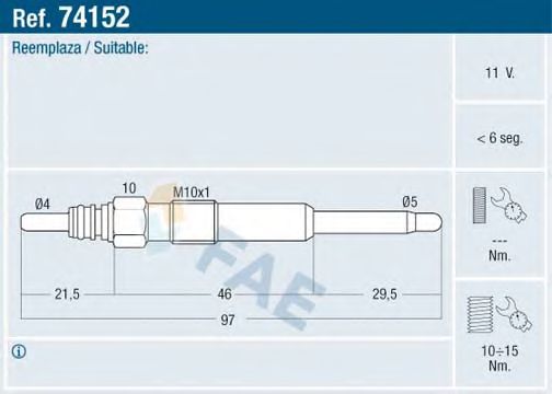 FAE 74152 Свеча накаливания для SEAT LEON (Сеат Леон) FAE 74152 Свеча накаливания для SEAT LEON (Сеат Леон)