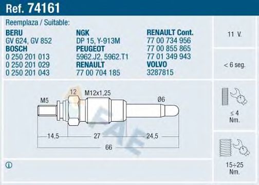 FAE 74161 Свеча накаливания для RENAULT 19 (Рено 19) FAE 74161 Свеча накаливания для RENAULT 19 (Рено 19)