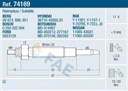 FAE 74169 Свеча накаливания для MITSUBISHI PAJERO/SHOGUN (Митсубиши/митсубиси Пажэро/шогун) FAE 74169 Свеча накаливания для MITSUBISHI PAJERO/SHOGUN (Митсубиши/митсубиси Пажэро/шогун)