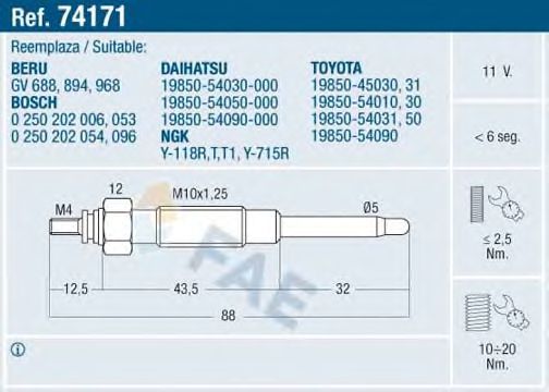 FAE 74171 Свеча накаливания для VOLKSWAGEN TARO (Фольксваген Таро) FAE 74171 Свеча накаливания для VOLKSWAGEN TARO (Фольксваген Таро)