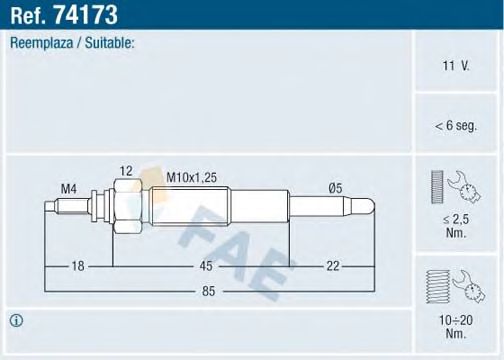 FAE 74173 Свеча накаливания для MAZDA 626 II (Мазда 626 2) FAE 74173 Свеча накаливания для MAZDA 626 II (Мазда 626 2)