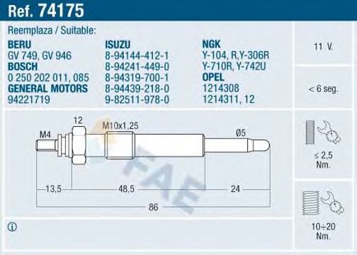 FAE 74175 Свеча накаливания для OPEL CORSA A (Опель Cорса а) FAE 74175 Свеча накаливания для OPEL CORSA A (Опель Cорса а)