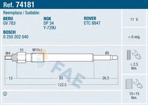 FAE 74181 Свеча накаливания для LAND ROVER DEFENDER (Ленд ровер/лэнд ровер Дэфэндэр) FAE 74181 Свеча накаливания для LAND ROVER DEFENDER (Ленд ровер/лэнд ровер Дэфэндэр)