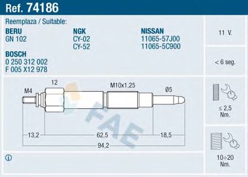 FAE 74186 Свеча накаливания для NISSAN PRIMERA (Ниссан Примера) FAE 74186 Свеча накаливания для NISSAN PRIMERA (Ниссан Примера)