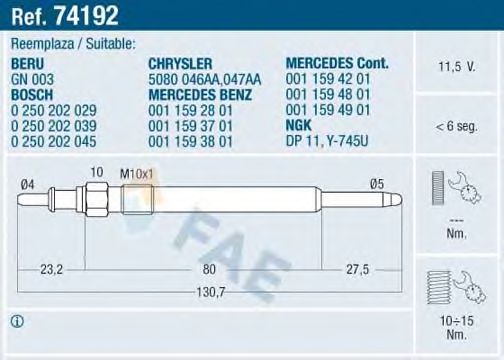 FAE 74192 Свеча накаливания для MERCEDES-BENZ CLK (Мэрcэдэс-бэнз Слк) FAE 74192 Свеча накаливания для MERCEDES-BENZ CLK (Мэрcэдэс-бэнз Слк)