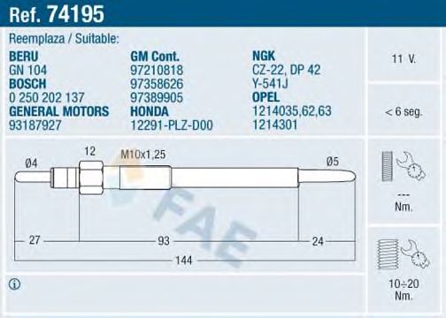 FAE 74195 Свеча накаливания для HONDA CIVIC VII (Хонда Цивик 7) FAE 74195 Свеча накаливания для HONDA CIVIC VII (Хонда Цивик 7)