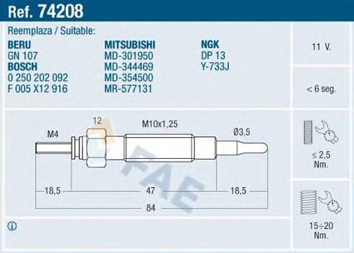 FAE 74208 Свеча накаливания для MITSUBISHI L 300 STARWAGON (Митсубиши/митсубиси Л 300 старвагон) FAE 74208 Свеча накаливания для MITSUBISHI L 300 STARWAGON (Митсубиши/митсубиси Л 300 старвагон)