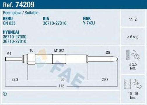 FAE 74209 Свеча накаливания для KIA OPTIMA (Киа Оптима) FAE 74209 Свеча накаливания для KIA OPTIMA (Киа Оптима)