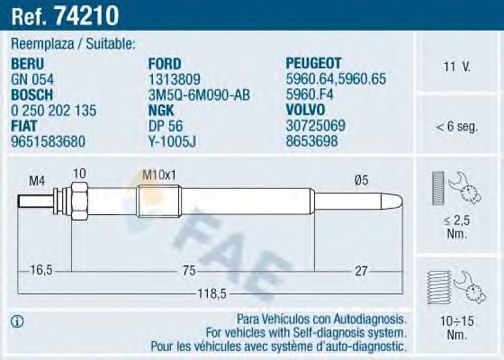 FAE 74210 Свеча накаливания для PEUGEOT 407 (Пежо 407) FAE 74210 Свеча накаливания для PEUGEOT 407 (Пежо 407)