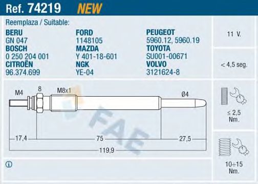 FAE 74219 Свеча накаливания для PEUGEOT 407 (Пежо 407) FAE 74219 Свеча накаливания для PEUGEOT 407 (Пежо 407)