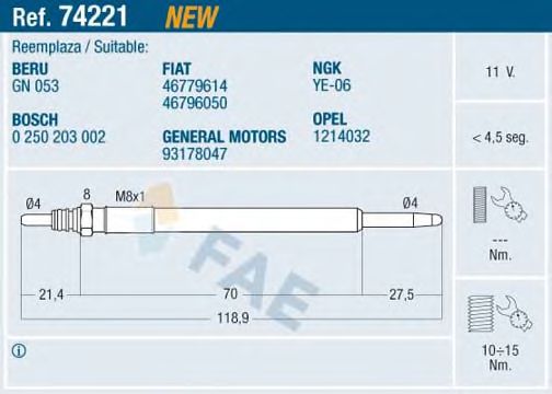 FAE 74221 Свеча накаливания для FIAT 500 C (Фиат 500 c) FAE 74221 Свеча накаливания для FIAT 500 C (Фиат 500 c)