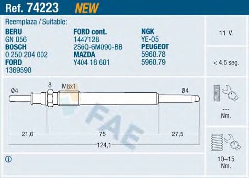 FAE 74223 Свеча накаливания для PEUGEOT 207 (Пежо 207) FAE 74223 Свеча накаливания для PEUGEOT 207 (Пежо 207)