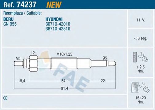 FAE 74237 Свеча накаливания для HYUNDAI GRACE (Хендай Граcэ) FAE 74237 Свеча накаливания для HYUNDAI GRACE (Хендай Граcэ)