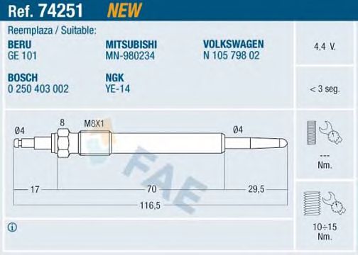 FAE 74251 Свеча накаливания для MITSUBISHI GRANDIS (Митсубиши/митсубиси Грандис) FAE 74251 Свеча накаливания для MITSUBISHI GRANDIS (Митсубиши/митсубиси Грандис)